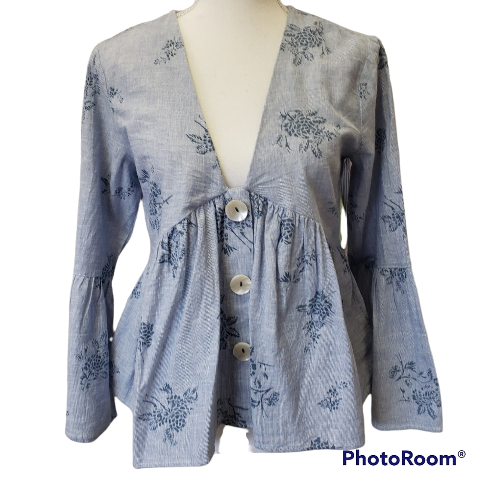 Zara Boho Floral Deep V Neck Peplum Ruffle Top Bell Sleeve Size Small
